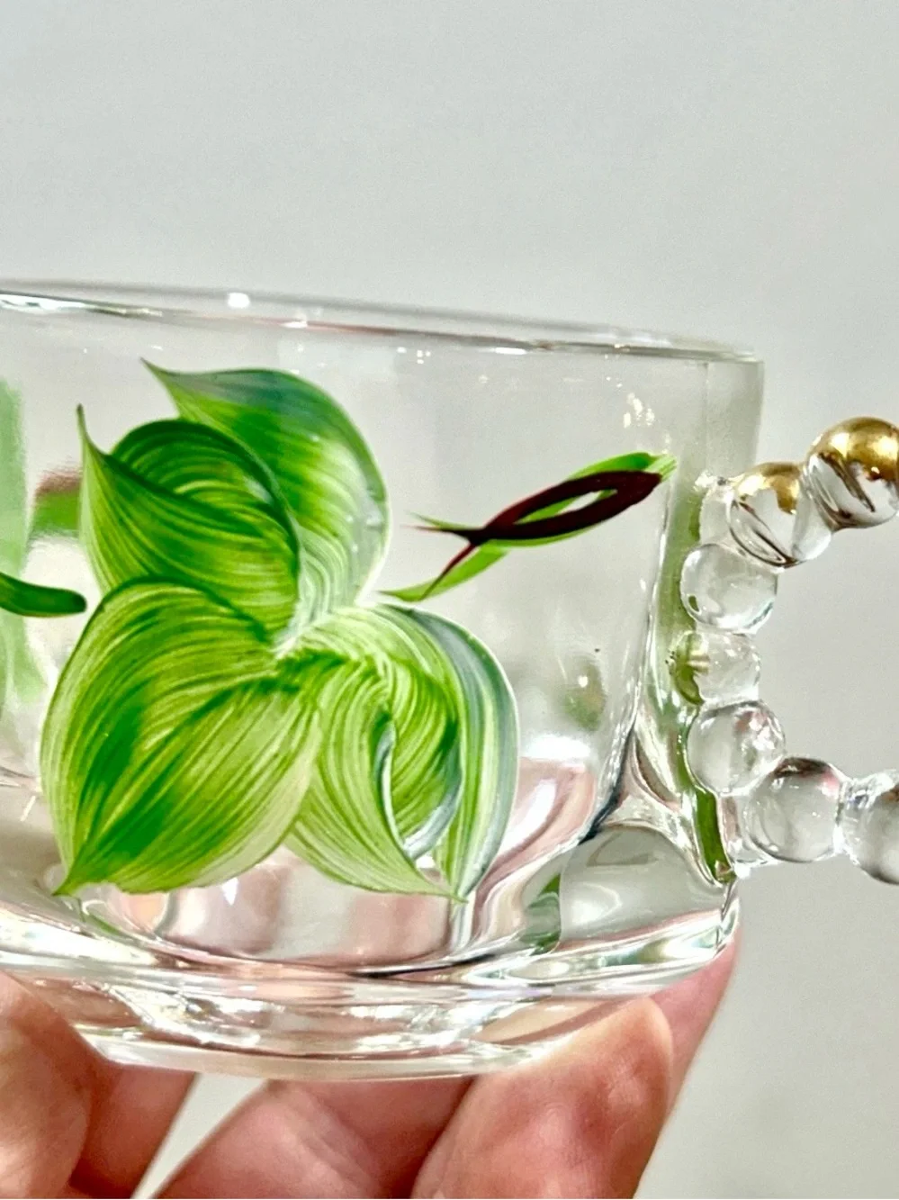 4 Vtg Gay Fad Hazel Atlas Glass 22K Gold Boopie Handle Green Ivy Tea Cup MCM 4oz